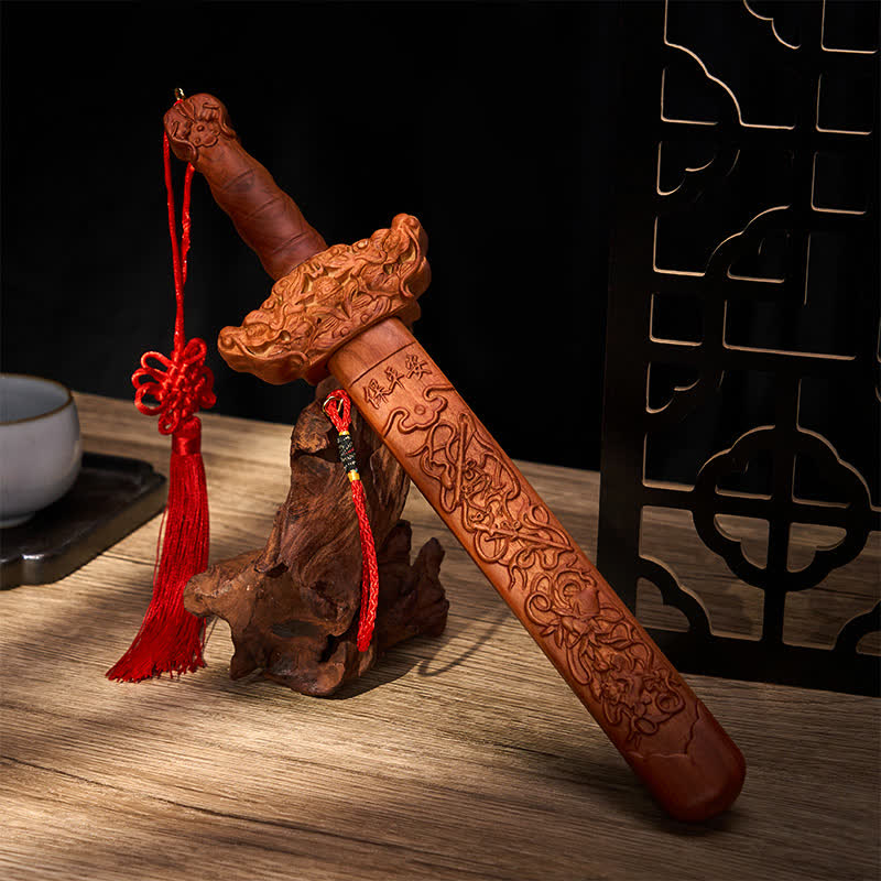 Nimara Ritual Handcarved Peach Wood Dragon Sword Ritual Decor
