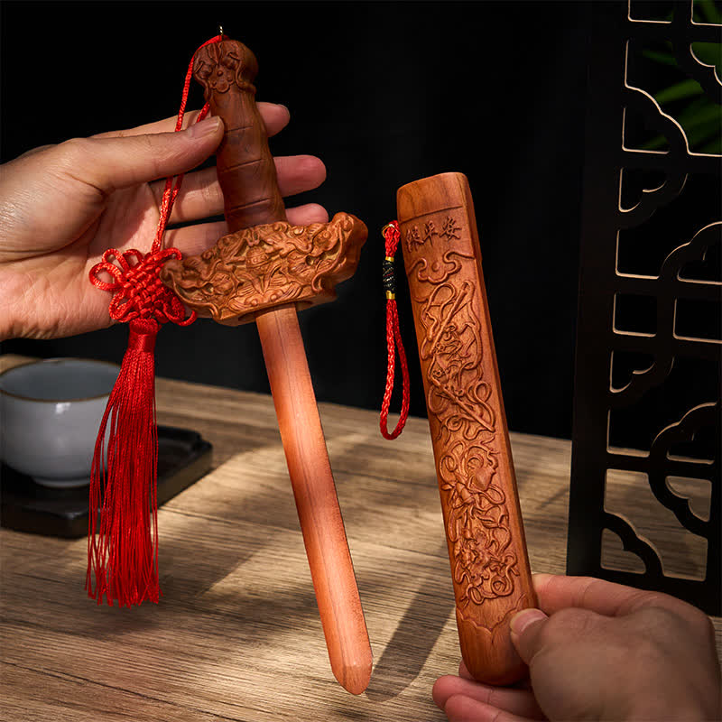 Nimara Ritual Handcarved Peach Wood Dragon Sword Ritual Decor