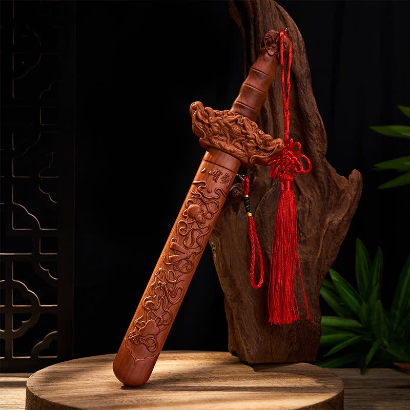Nimara Ritual Handcarved Peach Wood Dragon Sword Ritual Decor
