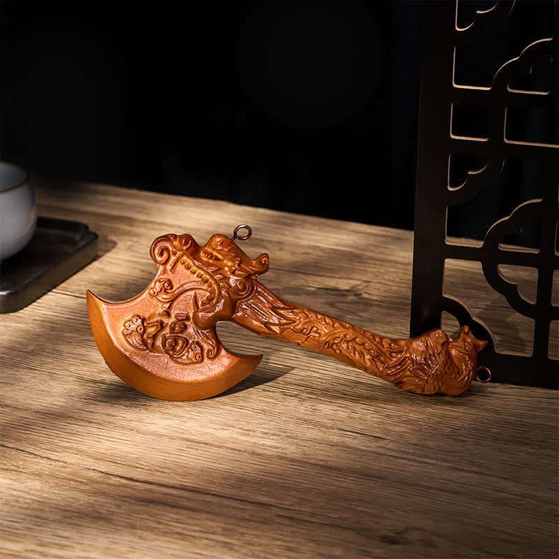 Nimara Ritual Hand Carved Peach Wood Fu Character Dragon Sword Strength Ritual Wall Hanging