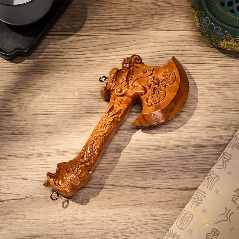 Nimara Ritual Hand Carved Peach Wood Fu Character Dragon Sword Strength Ritual Wall Hanging