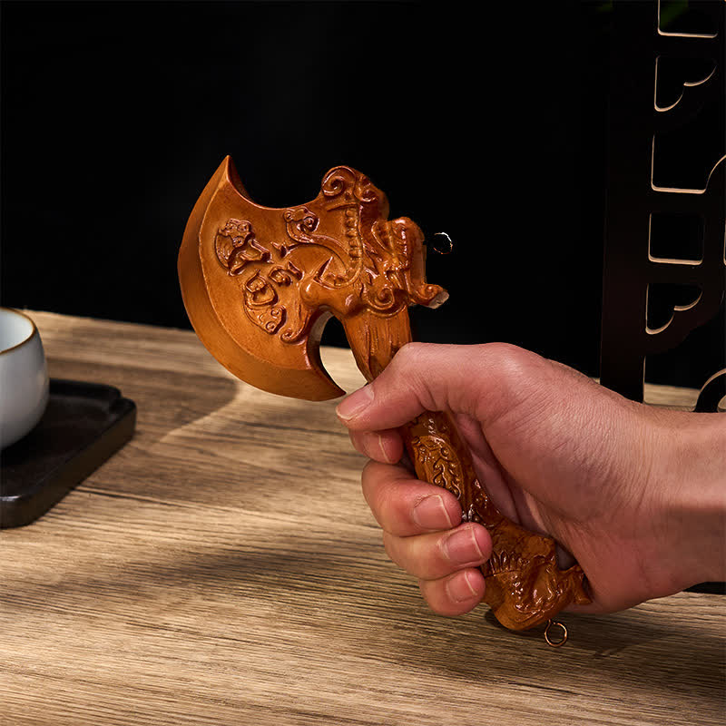 Nimara Ritual Hand Carved Peach Wood Fu Character Dragon Sword Strength Ritual Wall Hanging