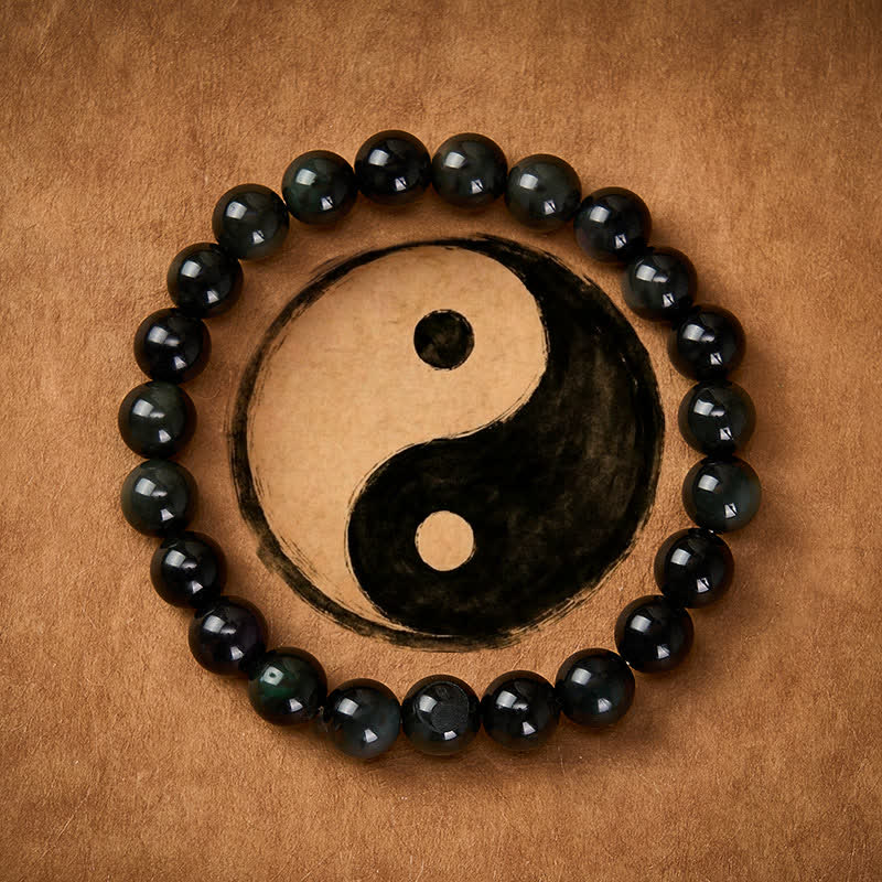 Nimara Ritual Rainbow Obsidian Yin Yang Balance Round Bead Bracelet