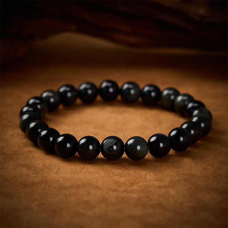 Nimara Ritual Rainbow Obsidian Yin Yang Balance Round Bead Bracelet