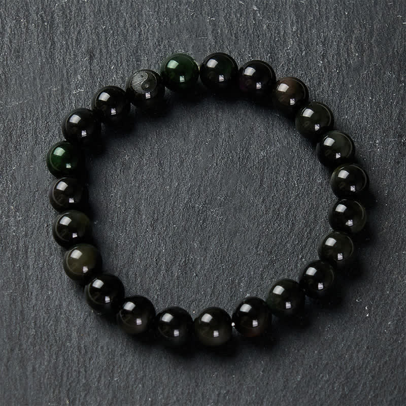 Nimara Ritual Rainbow Obsidian Yin Yang Balance Round Bead Bracelet
