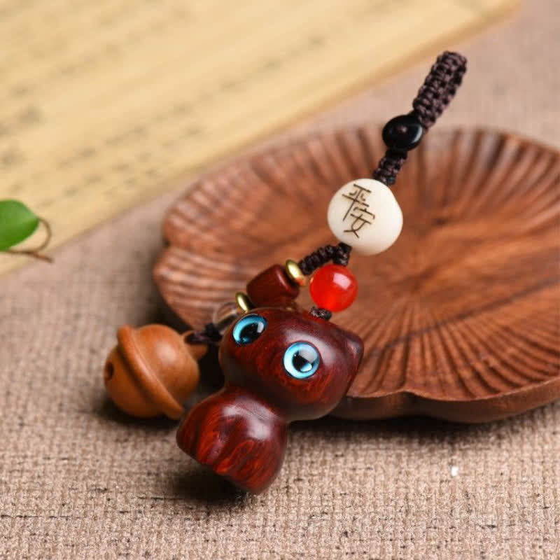 Nimara Ritual Ebony Wood & Red Sandalwood Hand Carved Cat Bell Protection Keychains
