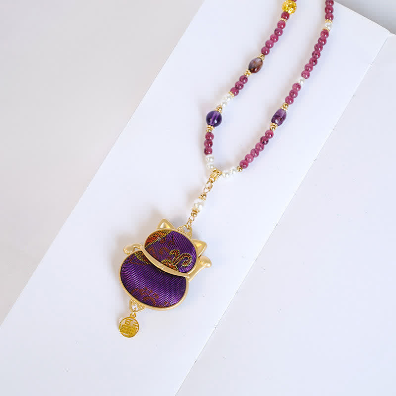 Nimara Ritual Song Brocade Fabric Lucky Beckoning Cat Fu Character Blessing Necklace