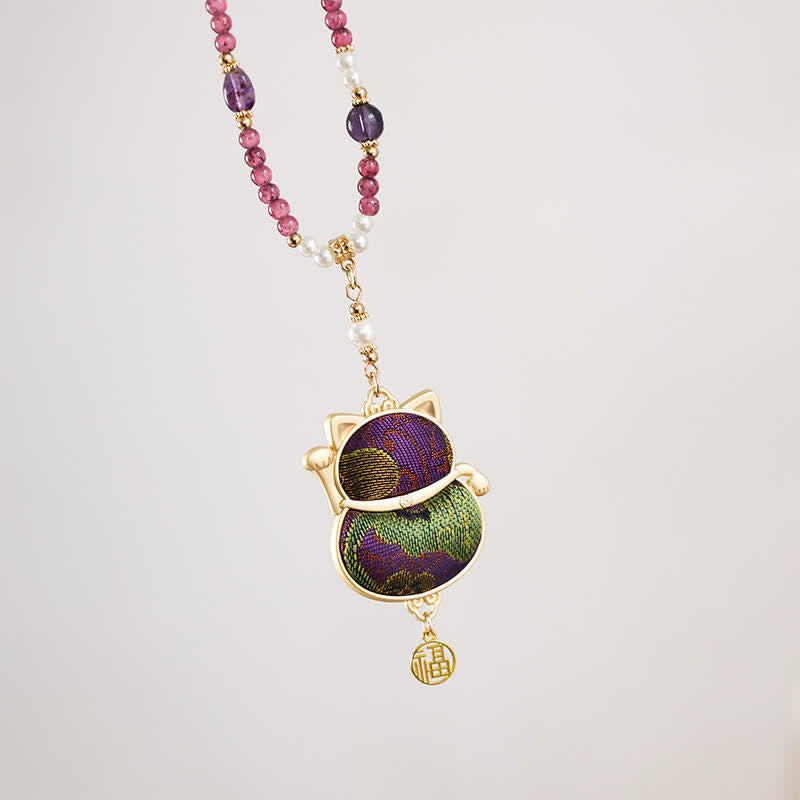 Nimara Ritual Song Brocade Fabric Lucky Beckoning Cat Fu Character Blessing Necklace
