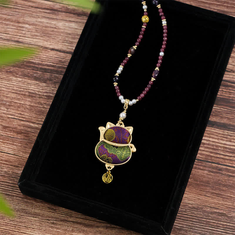 Nimara Ritual Song Brocade Fabric Lucky Beckoning Cat Fu Character Blessing Necklace