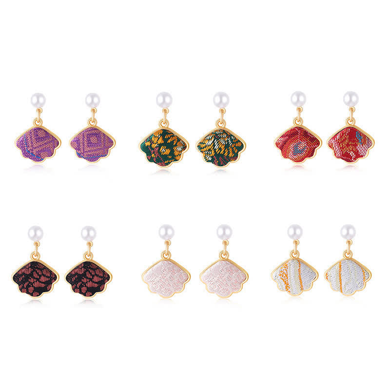 Nimara Ritual Pearl Handcrafted Song Brocade Fan Shell Elegance Earrings