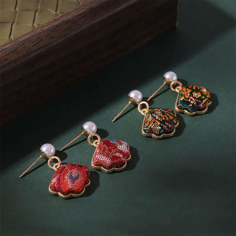 Nimara Ritual Pearl Handcrafted Song Brocade Fan Shell Elegance Earrings