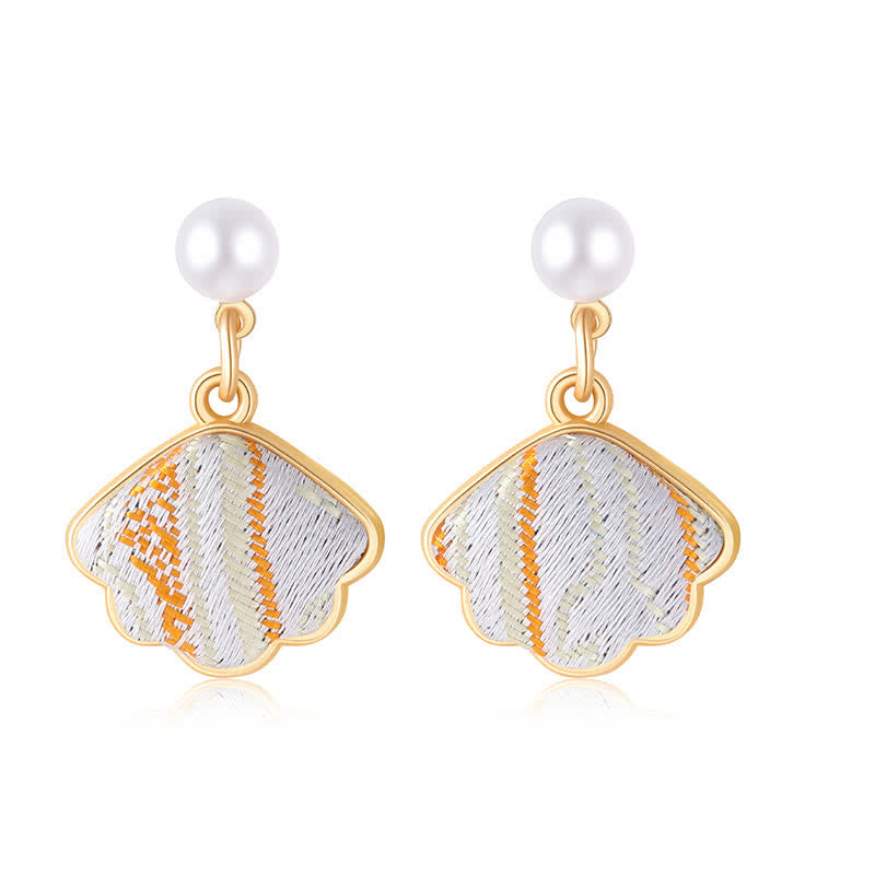 Nimara Ritual Pearl Handcrafted Song Brocade Fan Shell Elegance Earrings