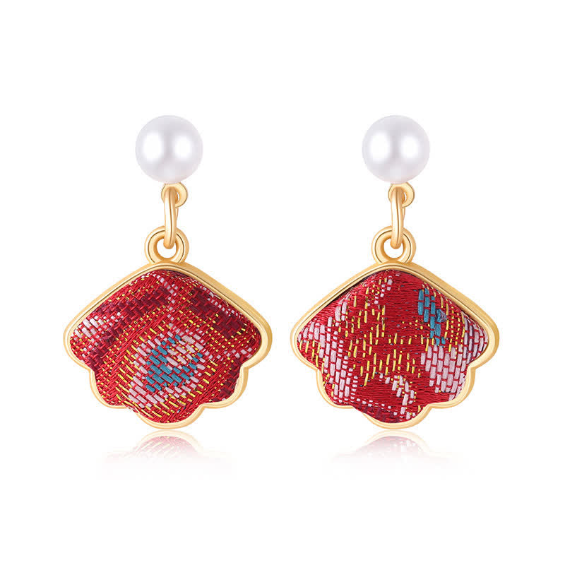 Nimara Ritual Pearl Handcrafted Song Brocade Fan Shell Elegance Earrings