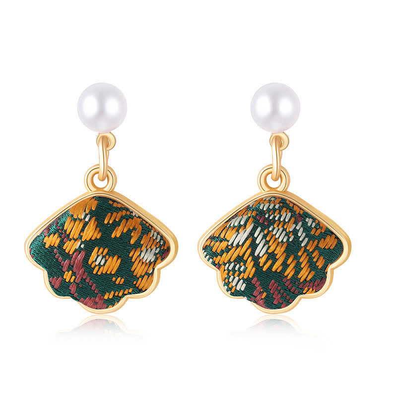 Nimara Ritual Pearl Handcrafted Song Brocade Fan Shell Elegance Earrings