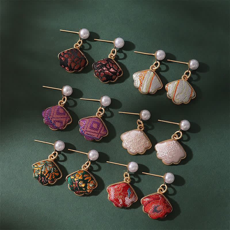 Nimara Ritual Pearl Handcrafted Song Brocade Fan Shell Elegance Earrings