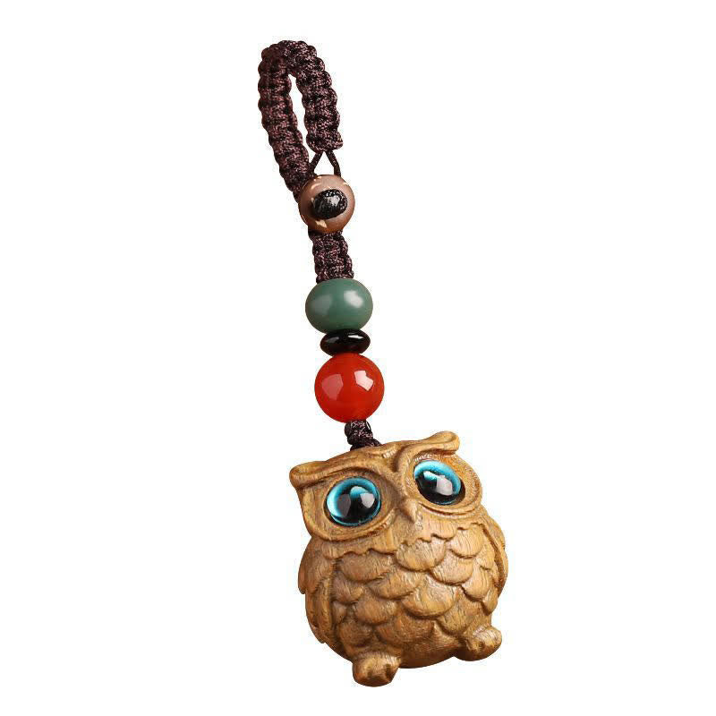 Serenity and Peace Green Sandalwood Owl Hand Carved Braided Keychains