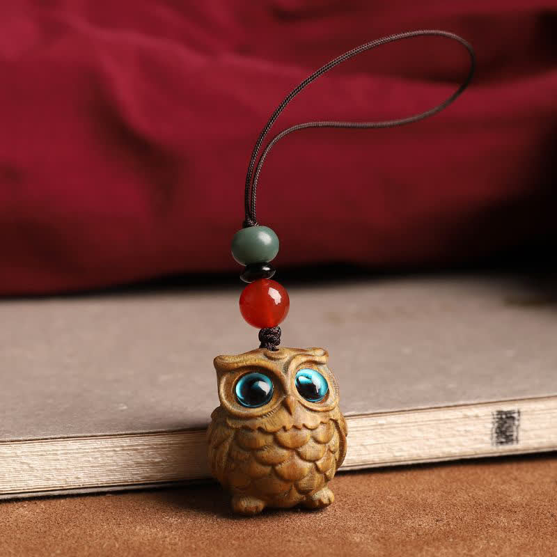 Serenity and Peace Green Sandalwood Owl Hand Carved Braided Keychains