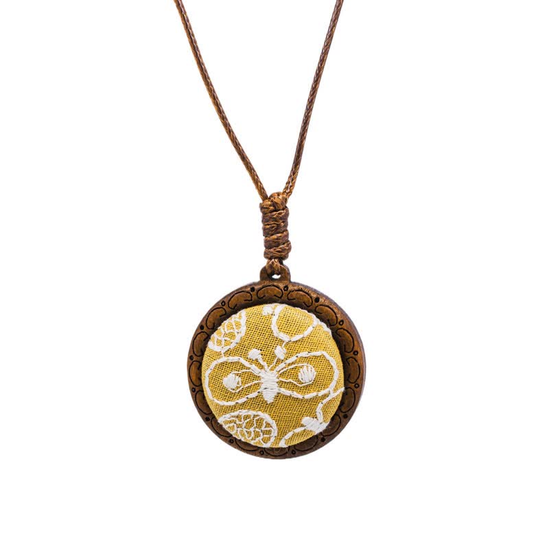 Nimara Ritual Wooden Hand Carved Embroidered Flower Butterfly Grounding Round Necklace