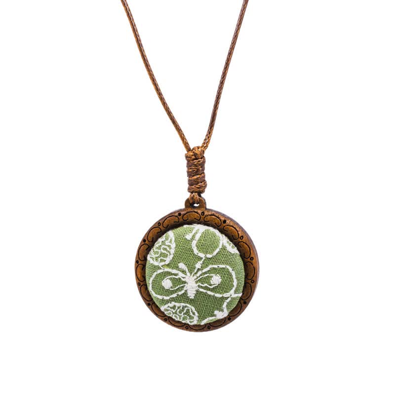 Nimara Ritual Wooden Hand Carved Embroidered Flower Butterfly Grounding Round Necklace