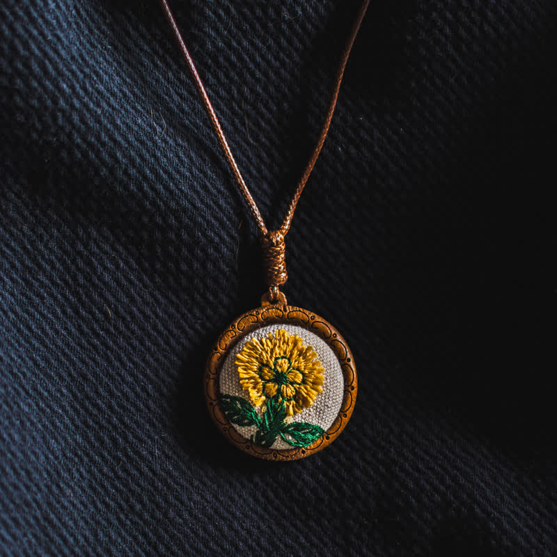 Nimara Ritual Wooden Hand Carved Embroidered Flower Butterfly Grounding Round Necklace