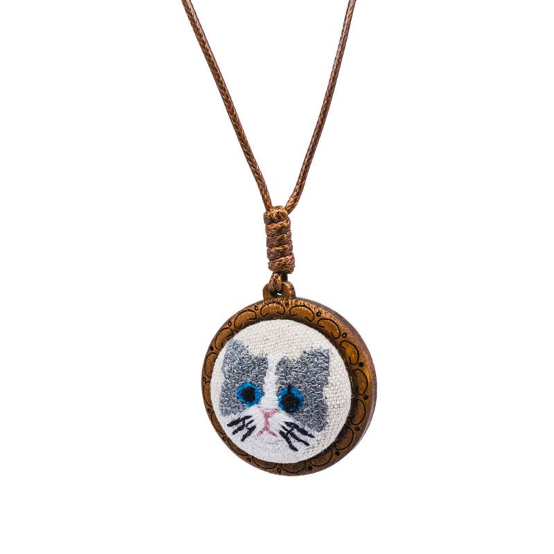 Nimara Ritual Wood Cat Luck Embroidered Round Pendant Necklace