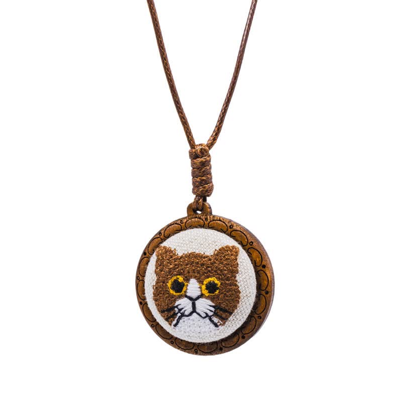 Nimara Ritual Wood Cat Luck Embroidered Round Pendant Necklace