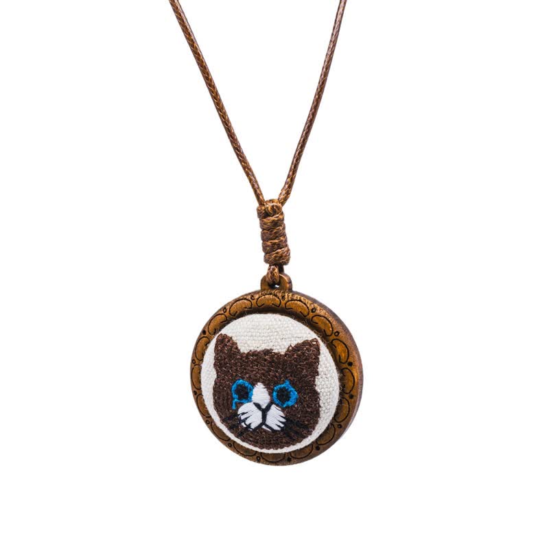 Nimara Ritual Wood Cat Luck Embroidered Round Pendant Necklace