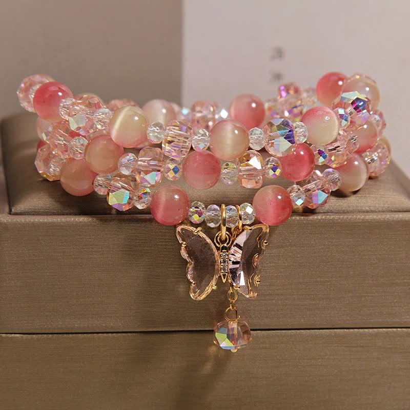 Nimara Ritual Peach Cat's Eye Butterfly Love Triple Wrap Faceted Bracelet