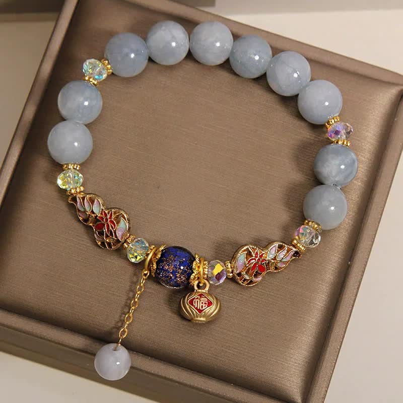 Nimara Ritual Aquamarine Fu Character Luck CloisonnA Gourd Dangle Round Bracelet