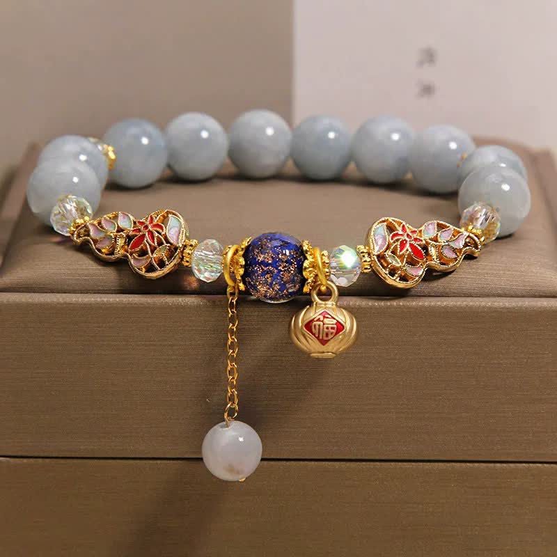 Nimara Ritual Aquamarine Fu Character Luck CloisonnA Gourd Dangle Round Bracelet