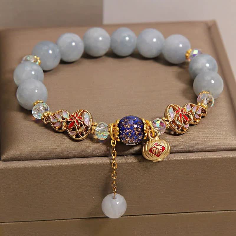 Nimara Ritual Aquamarine Fu Character Luck CloisonnA Gourd Dangle Round Bracelet