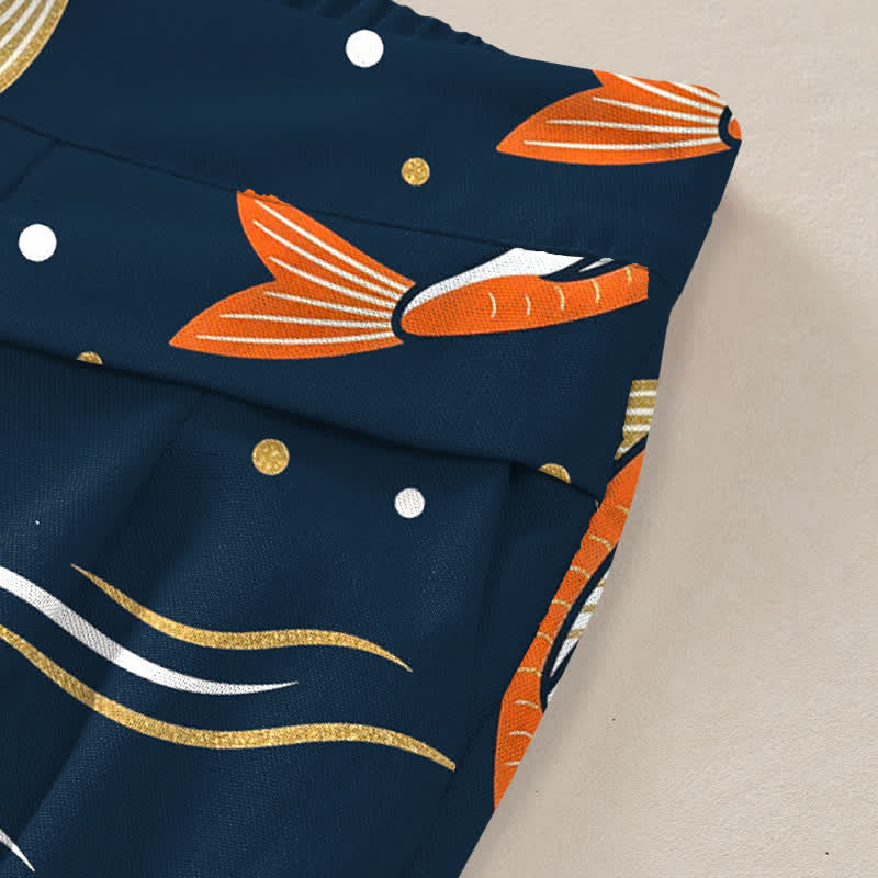 Nimara Ritual Cotton Linen Koi Fish Pattern Women's Elastic Waist Wide Leg Pants With Pockets
