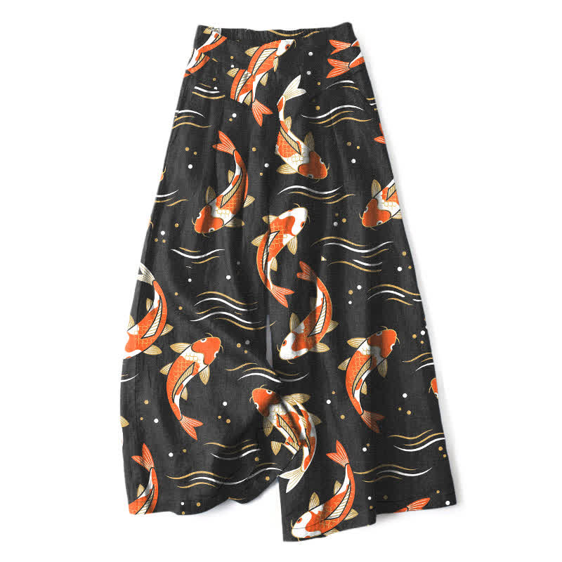 Nimara Ritual Cotton Linen Koi Fish Pattern Women's Elastic Waist Wide Leg Pants With Pockets