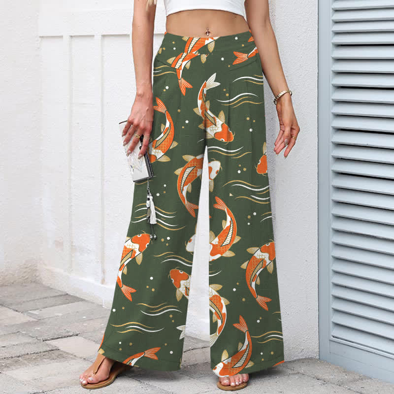 Nimara Ritual Cotton Linen Koi Fish Pattern Women's Elastic Waist Wide Leg Pants With Pockets
