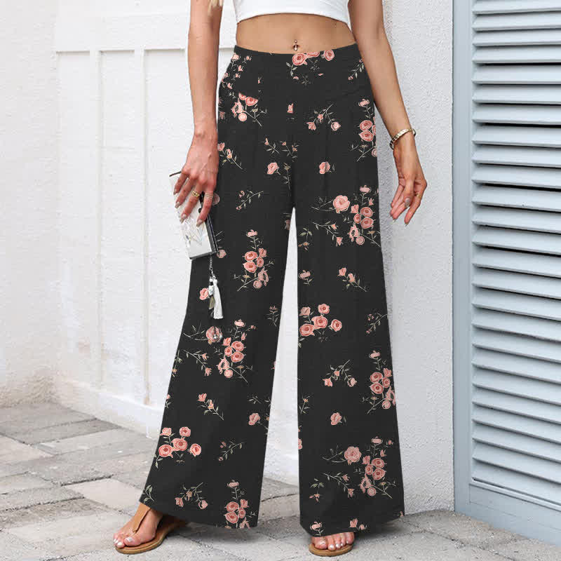 Nimara Ritual Cotton Linen Vintage Rose Pattern Women's Elastic Waist Wide Leg Pants With Pockets