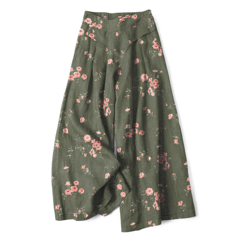 Nimara Ritual Cotton Linen Vintage Rose Pattern Women's Elastic Waist Wide Leg Pants With Pockets