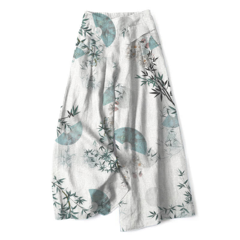 Nimara Ritual Cotton Linen Oriental Bamboo Leaf Pattern Women's Elastic Waist Wide Leg Pants With Pockets