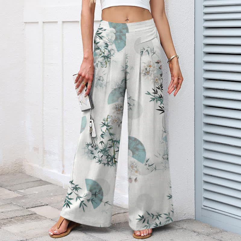 Nimara Ritual Cotton Linen Oriental Bamboo Leaf Pattern Women's Elastic Waist Wide Leg Pants With Pockets