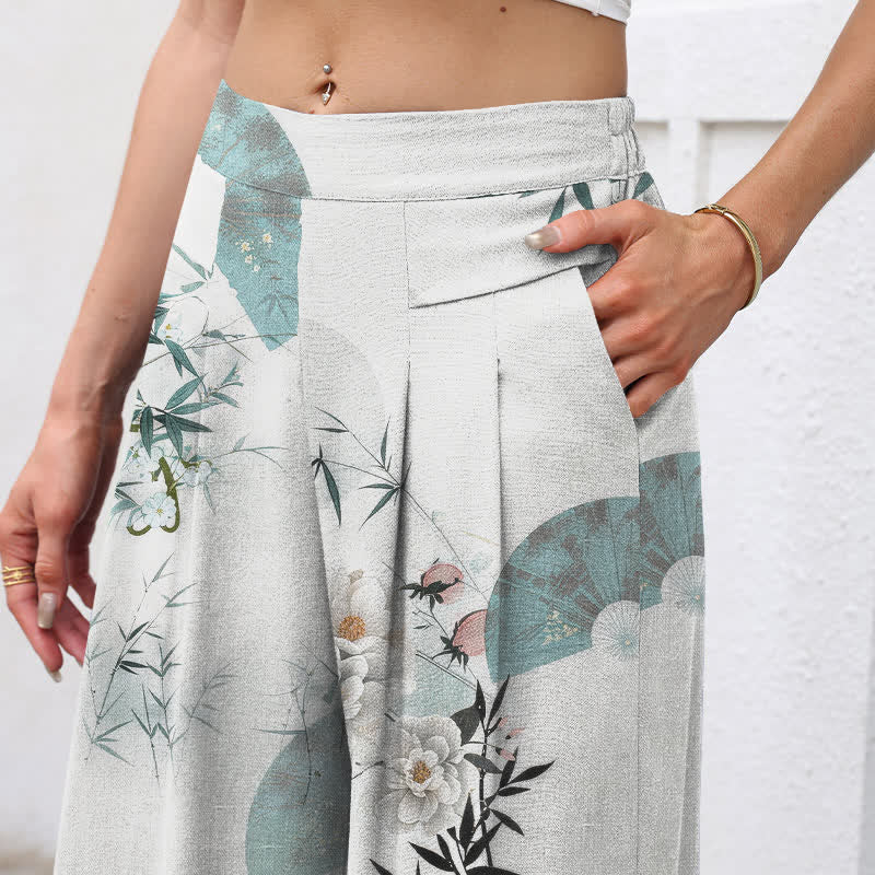 Nimara Ritual Cotton Linen Oriental Bamboo Leaf Pattern Women's Elastic Waist Wide Leg Pants With Pockets