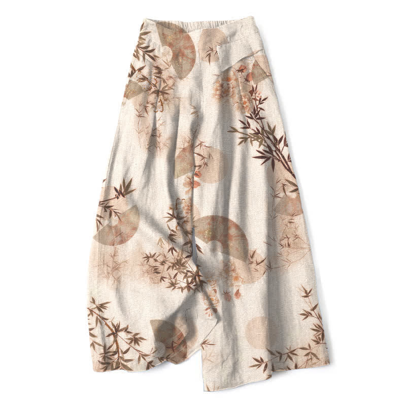 Nimara Ritual Cotton Linen Oriental Bamboo Leaf Pattern Women's Elastic Waist Wide Leg Pants With Pockets