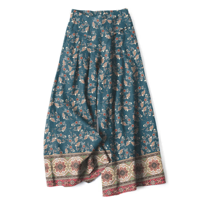Nimara Ritual Cotton Linen Bohemian Floral Pattern Women's Elastic Waist Wide Leg Pants With Pockets