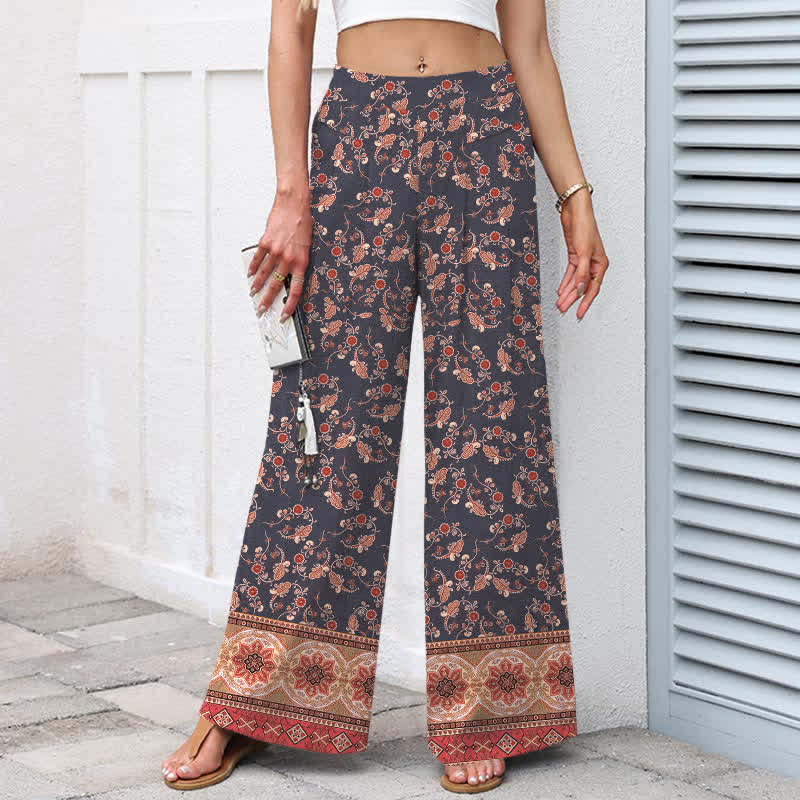 Nimara Ritual Cotton Linen Bohemian Floral Pattern Women's Elastic Waist Wide Leg Pants With Pockets
