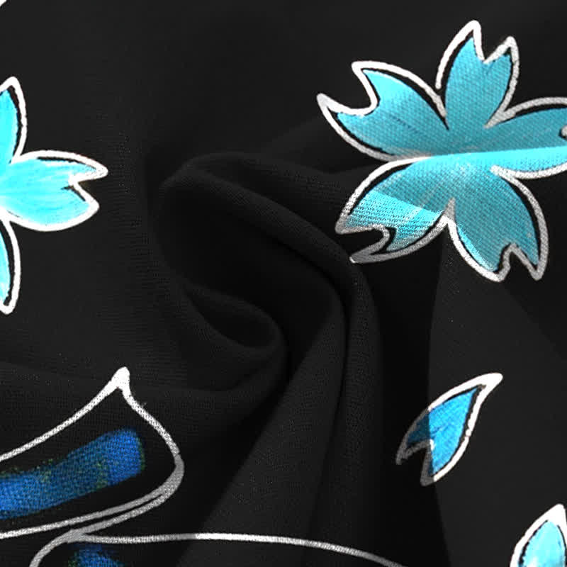 Nimara Ritual Cotton Linen Koi Fish Floral Pattern Women's Elastic Waist Wide Leg Pants With Pockets