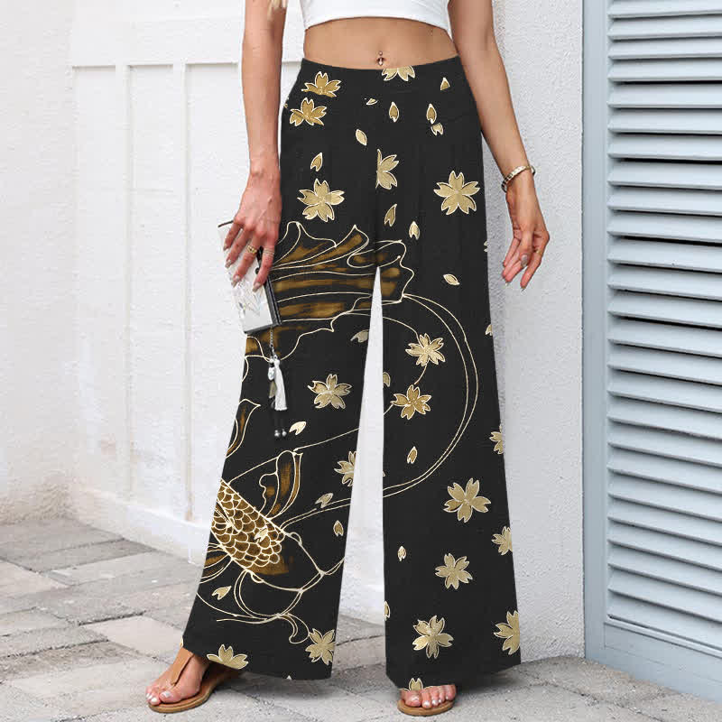 Nimara Ritual Cotton Linen Koi Fish Floral Pattern Women's Elastic Waist Wide Leg Pants With Pockets