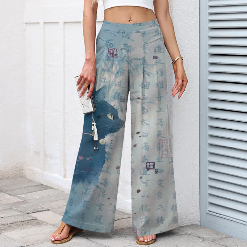 Nimara Ritual Cotton Linen Calligraphy Cat Pattern Women's Elastic Waist Wide Leg Pants With Pockets