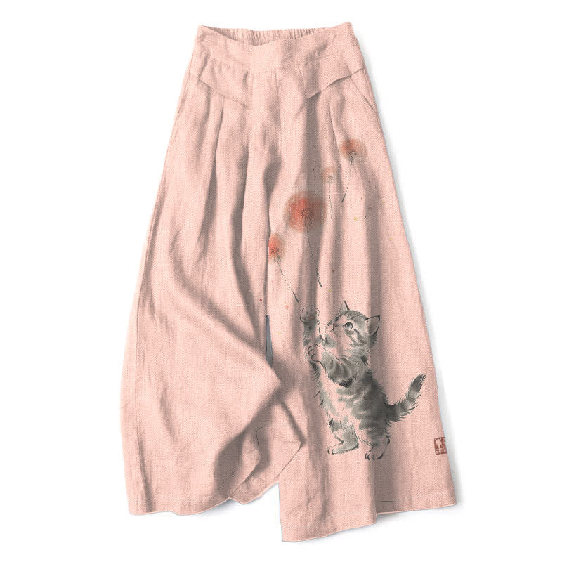 Nimara Ritual Cotton Linen Watercolor Cat Floral Pattern Women's Elastic Waist Wide Leg Pants With Pockets
