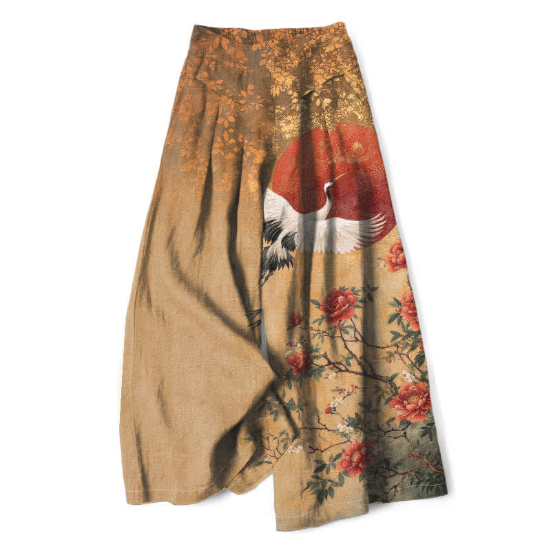 Nimara Ritual Cotton Linen Crane Floral Pattern Women's Elastic Waist Wide Leg Pants With Pockets