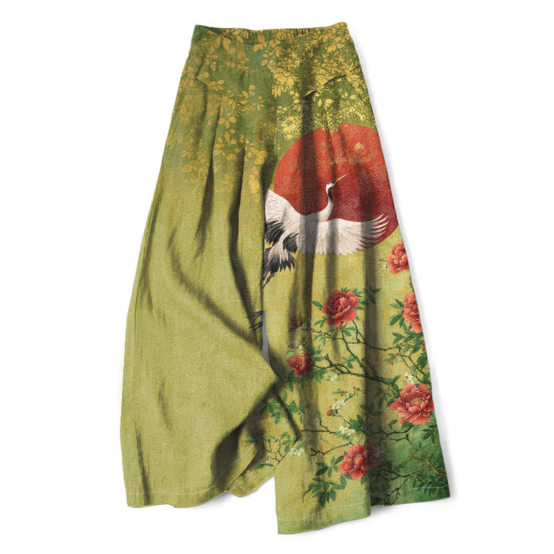 Nimara Ritual Cotton Linen Crane Floral Pattern Women's Elastic Waist Wide Leg Pants With Pockets