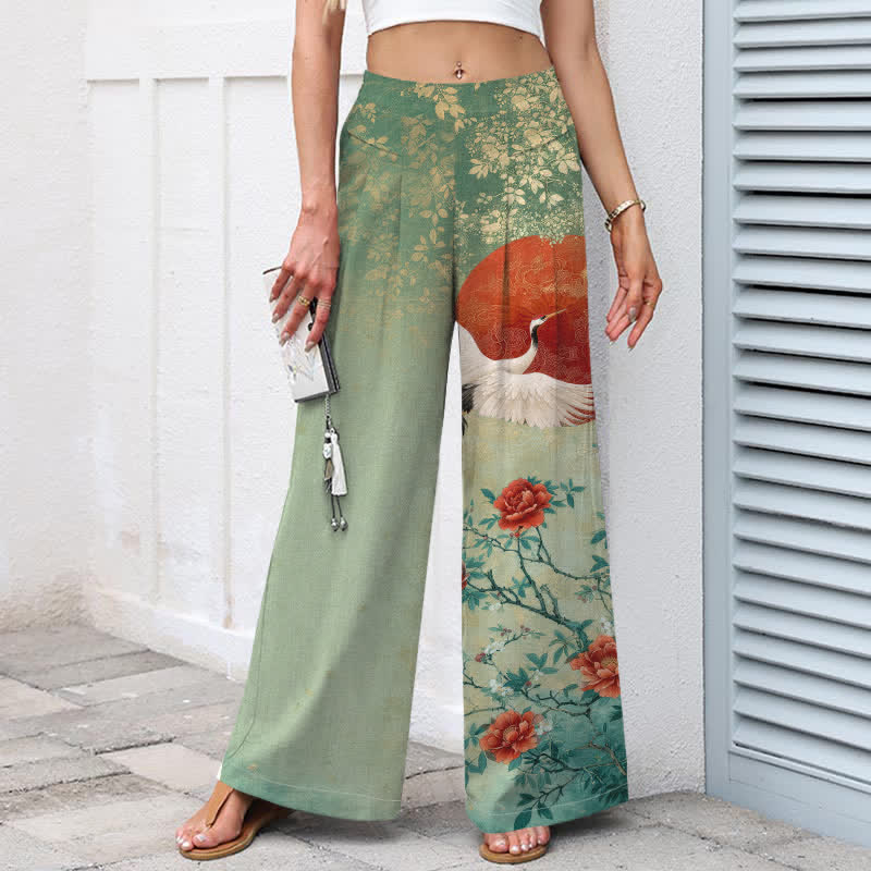 Nimara Ritual Cotton Linen Crane Floral Pattern Women's Elastic Waist Wide Leg Pants With Pockets