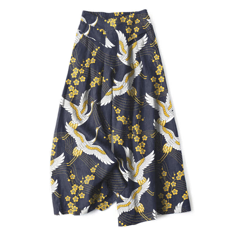 Nimara Ritual Cotton Linen Crane Blossom Pattern Women's Elastic Waist Wide Leg Pants With Pockets